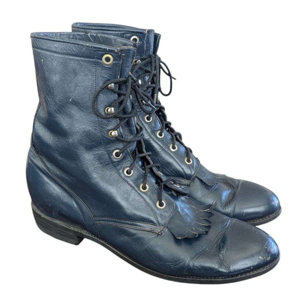 Vintage Lace up Larry Mahan Blue Leather Western Boots with Kilties - Size 12 D